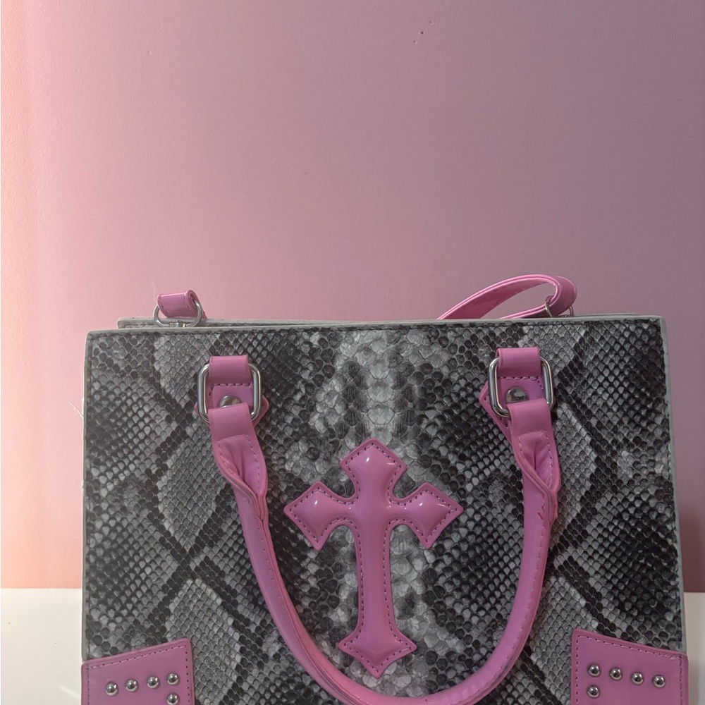 Pink and Gray Snake Print Handbag